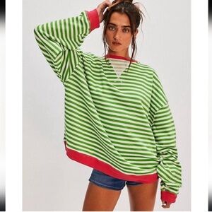 FREE PEOPLE We The Free Classic Striped Oversized Crew in Pink Clover Combo